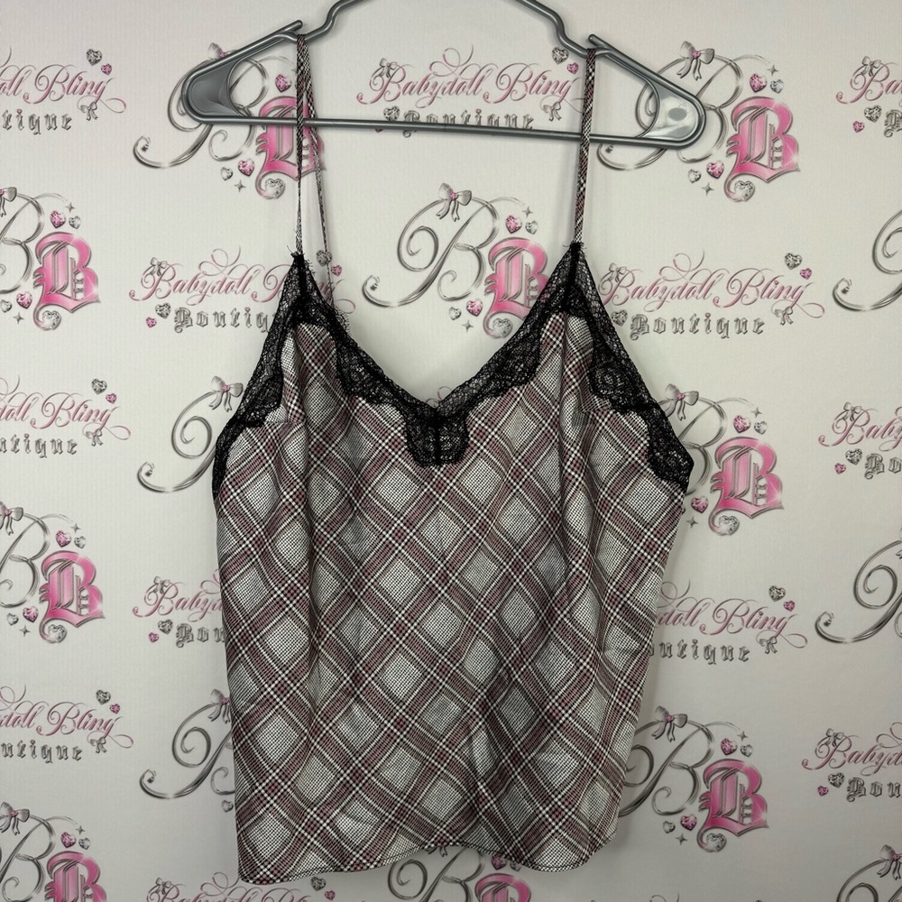 Victoria secret plaid camisole tank top satiny silky feel lace black pink white